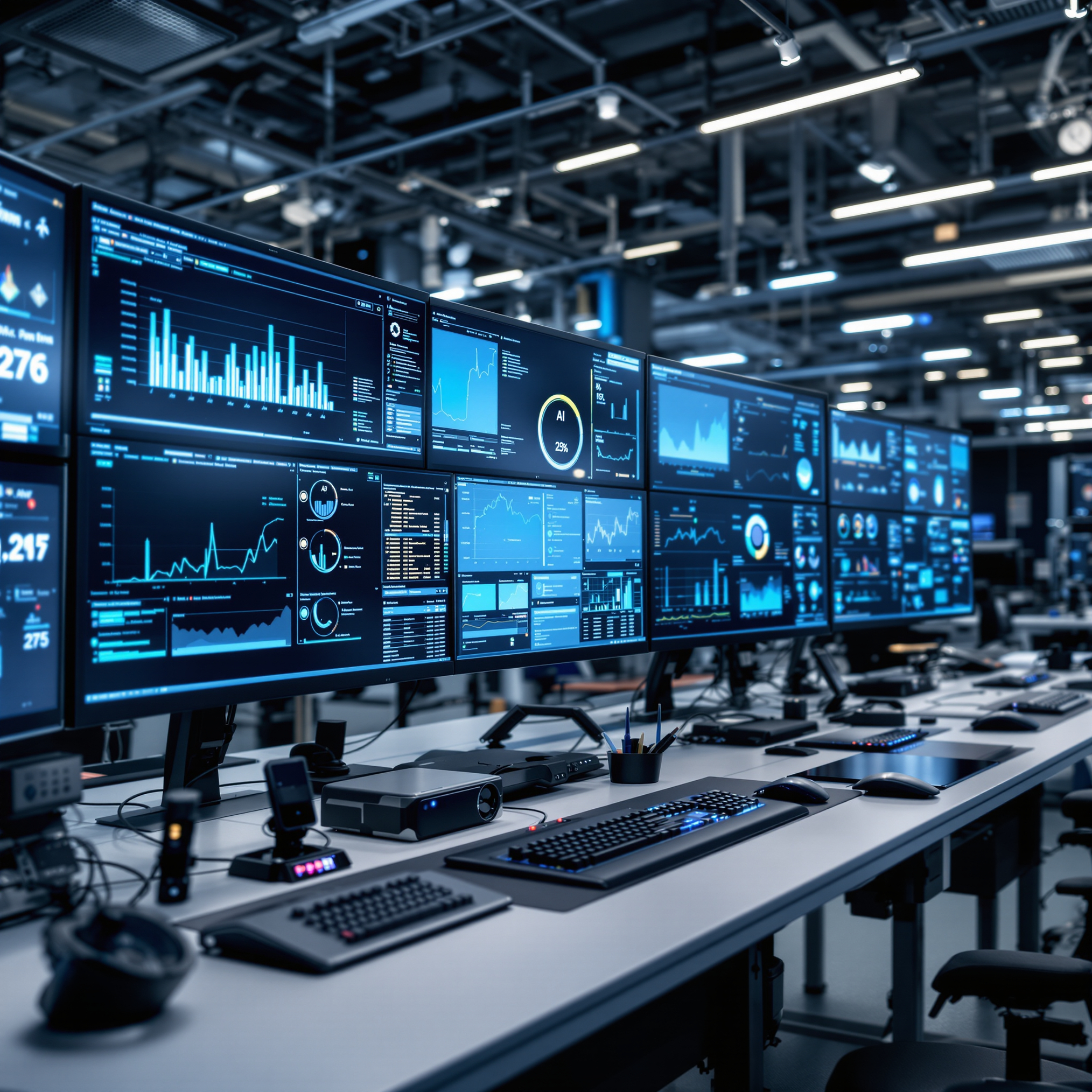 Modern automotive engineering control room with AI analytics dashboards for business consulting
